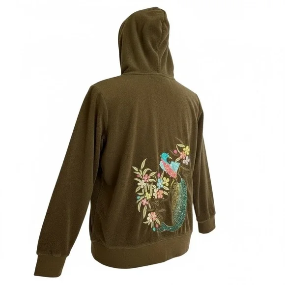 Y2K BCBGMAXAZRIA Olive Green Velour Hoodie Jacket Floral Bird Embroidery Large - Picture 2 of 7